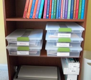 Homeschool learning room organizational boxes