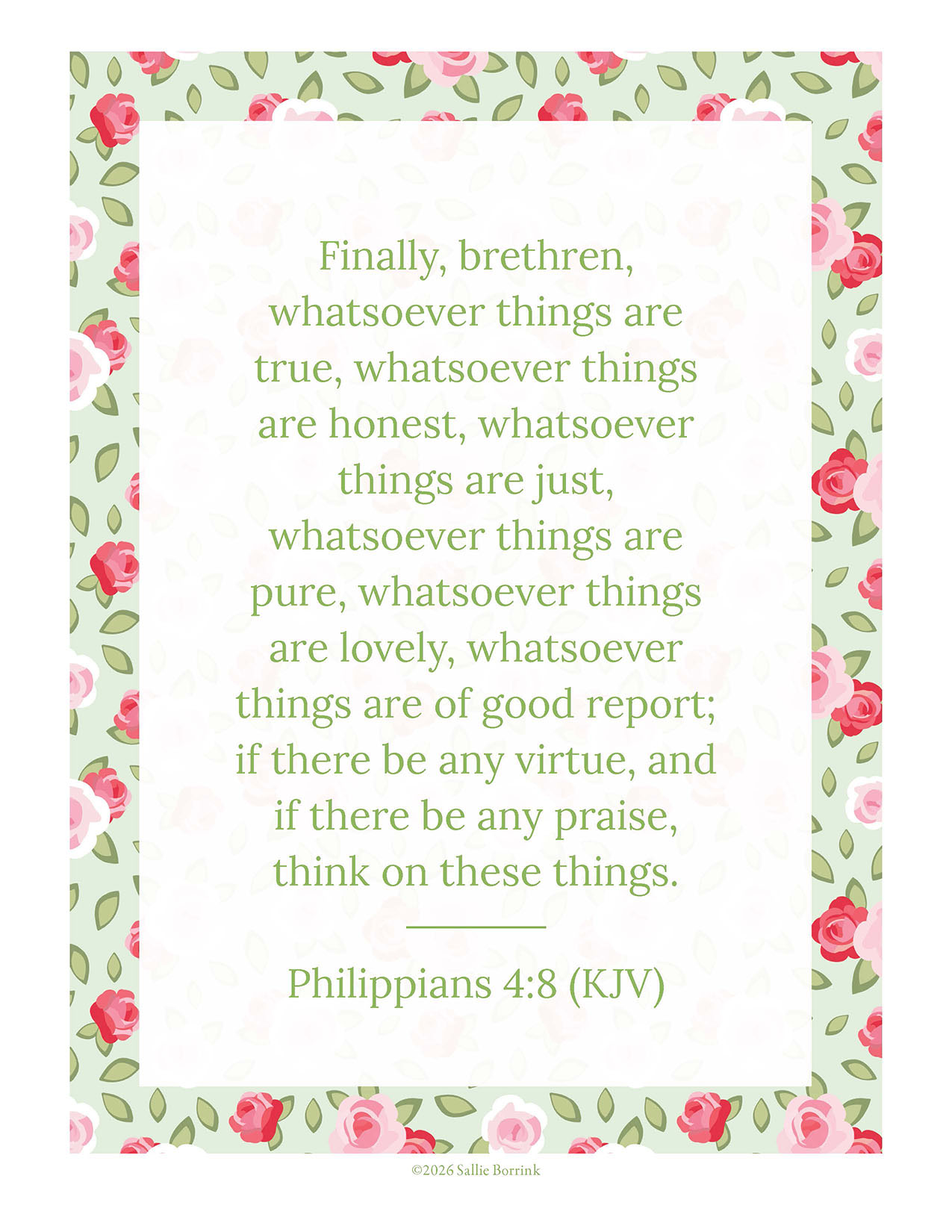 Philippians 4:8 KJV printable wall art in Cottage Rose design