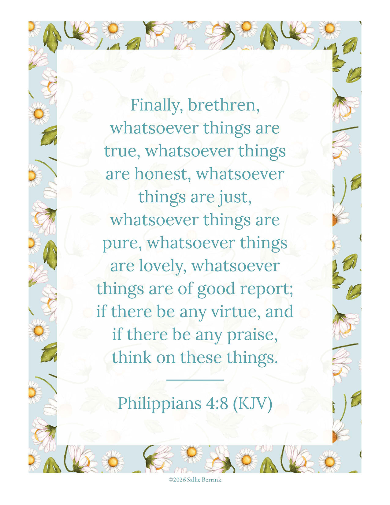 Philippians 4:8 KJV printable wall art in Daisies design