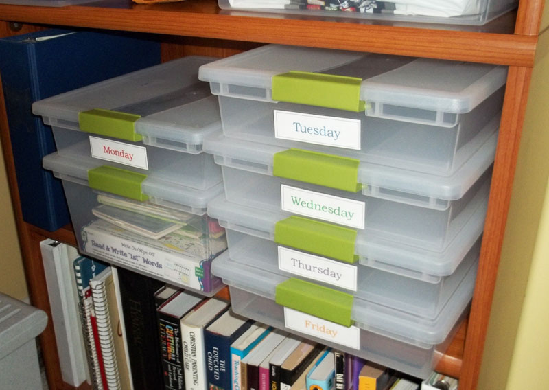 Storage Bins in Homeschool Room