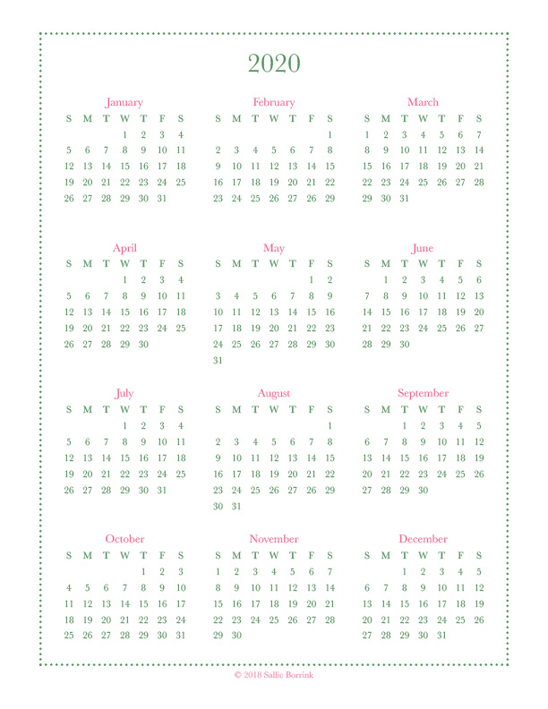 Free Year at a Glance Calendar Printables 2019 And 2020 A Quiet Simple Life With Sallie Borrink