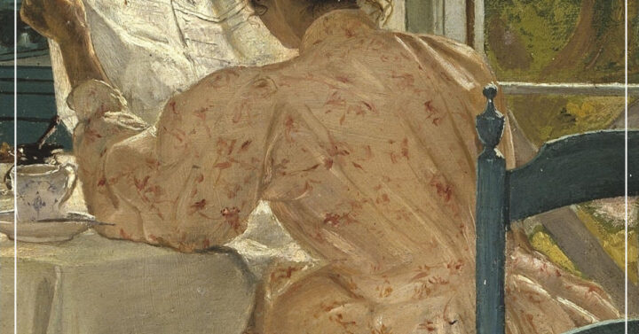 Classic artwork of woman in dress reading politics in newspaper
