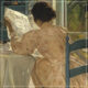 Classic artwork of woman in dress reading politics in newspaper