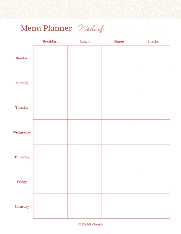 free printable monthly menu calendar