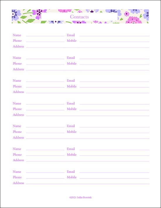 Free printable address page with purple and pink flowers