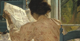 Vintage artwork of woman in long dress reading newspaper to breakfast table
