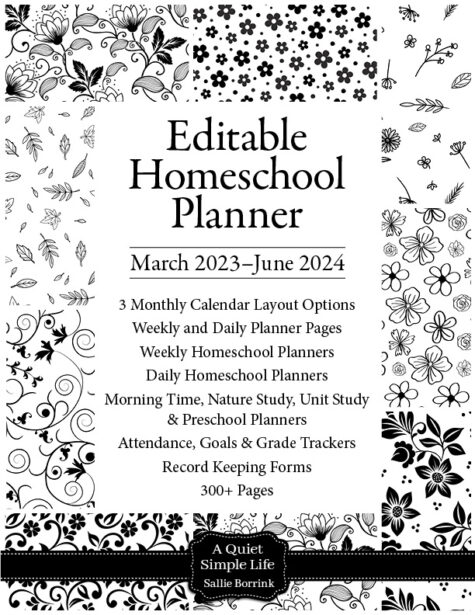 Black & White Floral Editable Homeschool Planner for March 2023 - June 2024