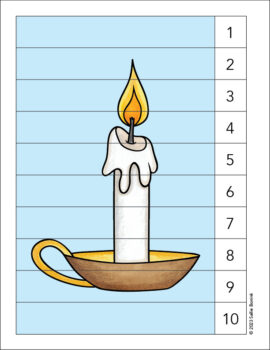 Cozy white candle in brass candleholder counting picture puzzle