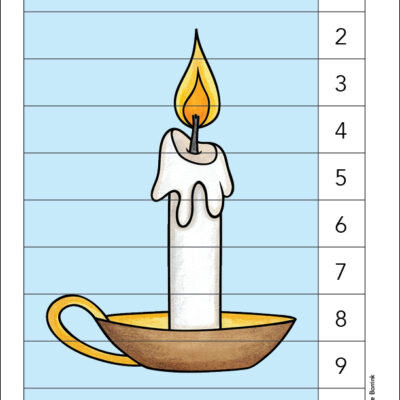 Cozy white candle in brass candleholder counting picture puzzle