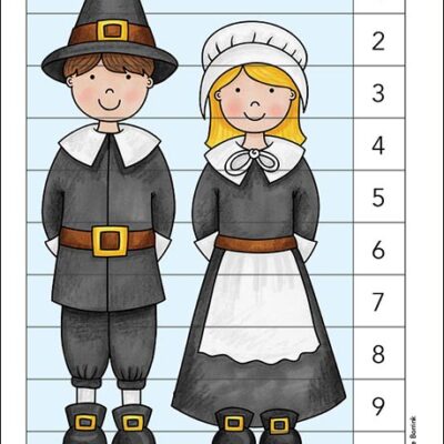 Pilgrim boy and girl counting picture puzzle