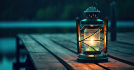 Lit lantern at night on a wooden dock