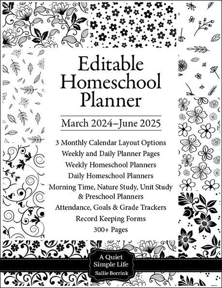 Black & White Floral Editable Homeschool Planner for March 2024 - June 2025