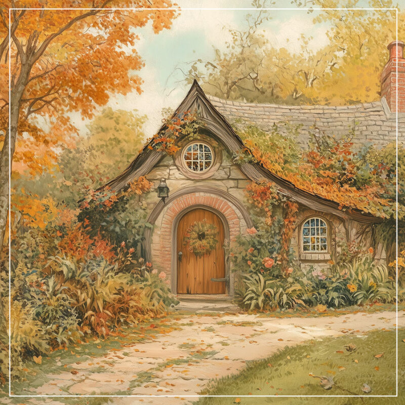 Stone cottage with sloping roof surrounded by trees with orange and fall leaves in front of a dirt path