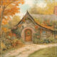 Stone cottage with sloping roof surrounded by trees with orange and fall leaves in front of a dirt path