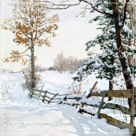 Painting of winter scene with wooden fence and trees