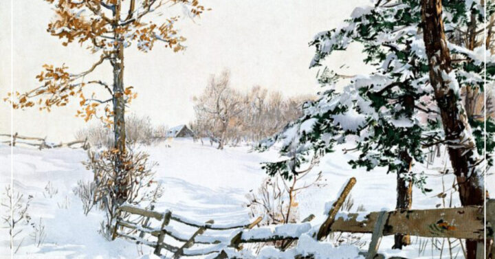Painting of winter scene with wooden fence and trees
