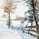 Painting of winter scene with wooden fence and trees