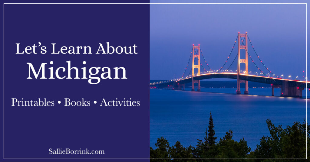 Picture of the Mackinac Bridge at dusk as part of a Michigan Unit Study