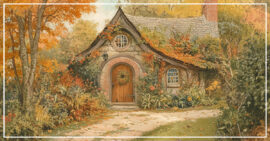 Stone cottage with sloping roof surrounded by trees with orange and fall leaves in front of a dirt path