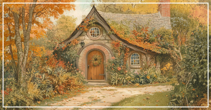 Stone cottage with sloping roof surrounded by trees with orange and fall leaves in front of a dirt path