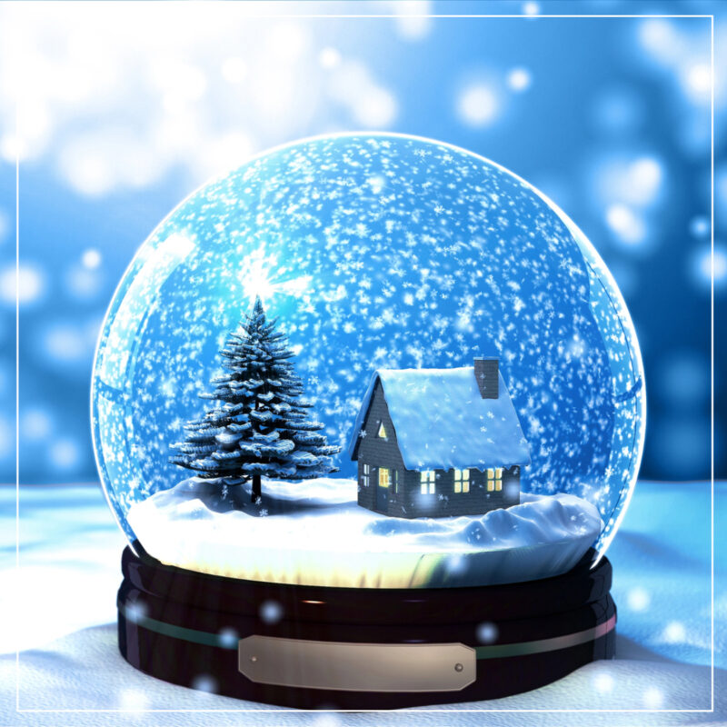 Snow glove with evergreen and house