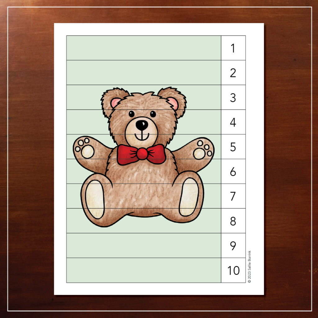 Teddy bear counting puzzle printable preview for preschool and kindergarten, focusing on numbers 1-10