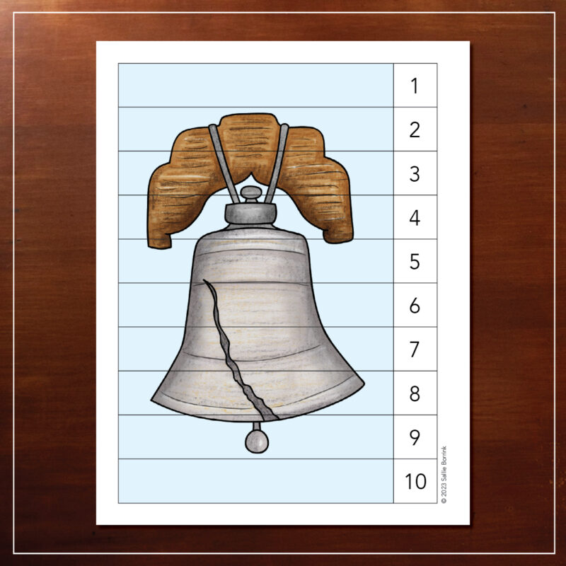 Liberty Bell counting puzzle printable preview for preschool and kindergarten, focusing on numbers 1-10