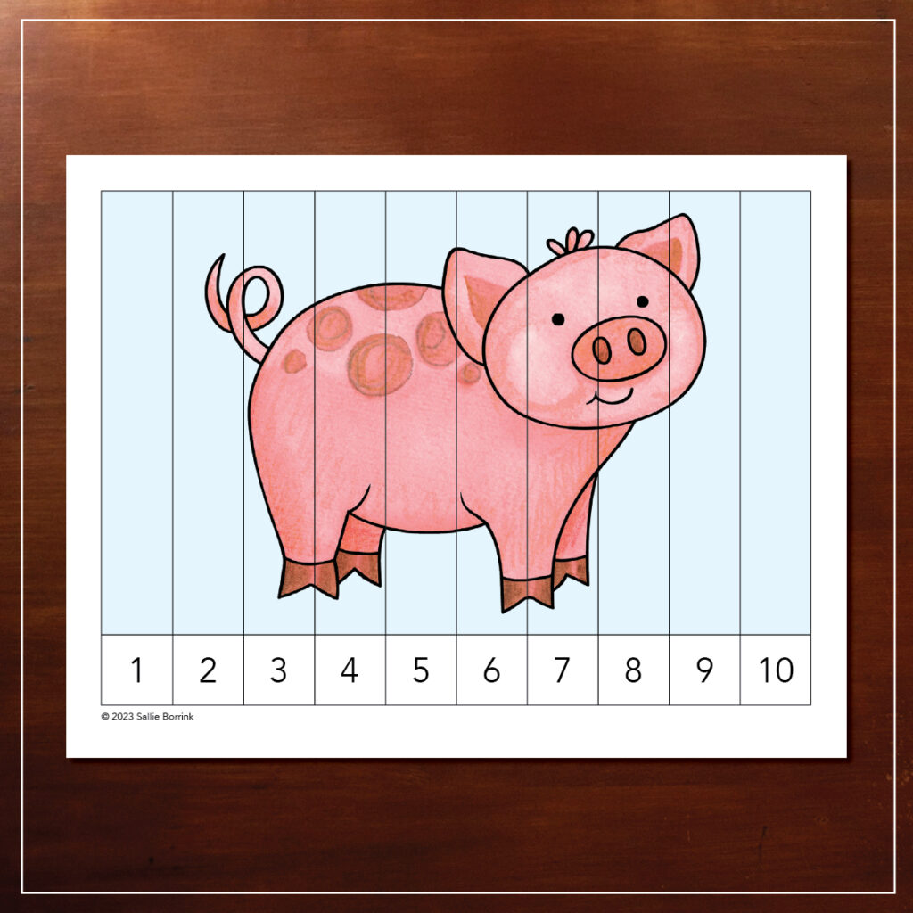 Pig counting puzzle printable preview for preschool and kindergarten, focusing on numbers 1-10