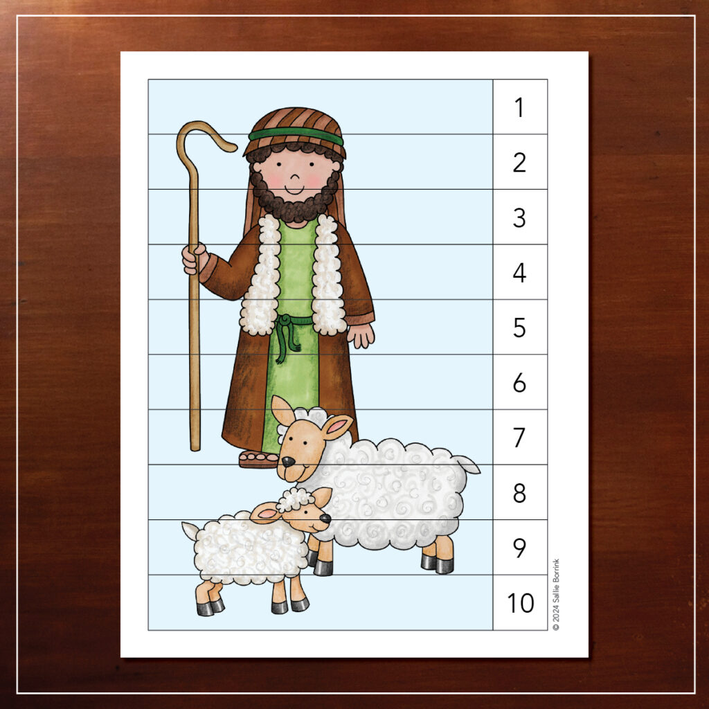 Shepherd and two sheep in the nativity
