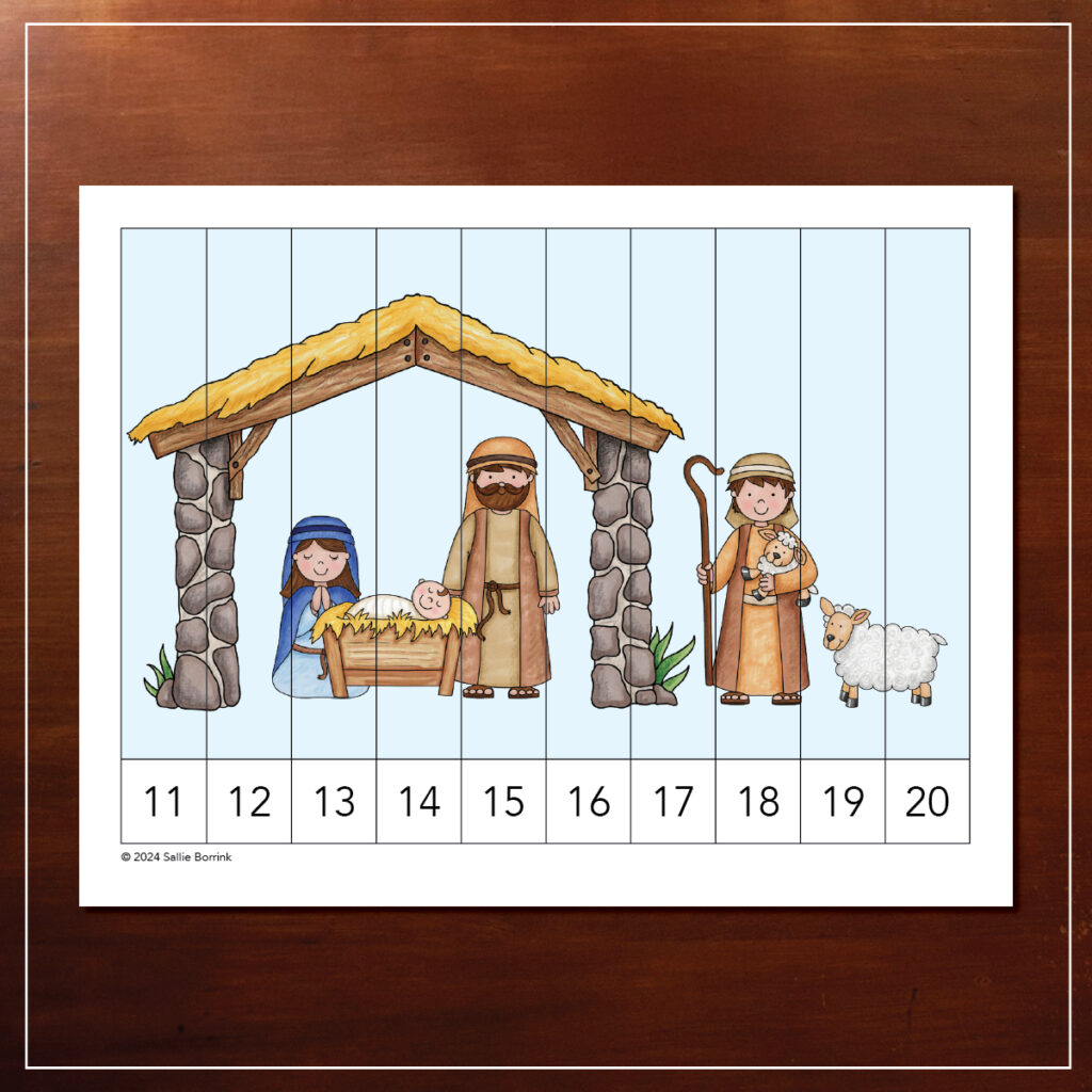 Manger scene with Mary, Joseph, Jesus, shepherd, and sheep