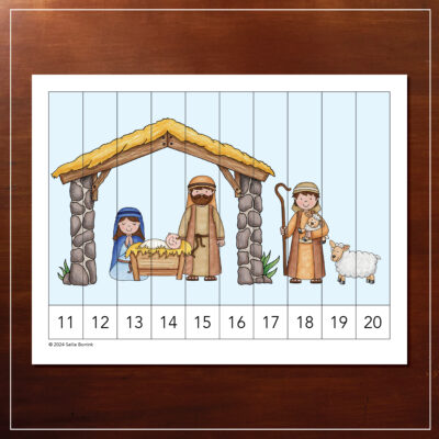Manger scene with Mary, Joseph, Jesus, shepherd, and sheep