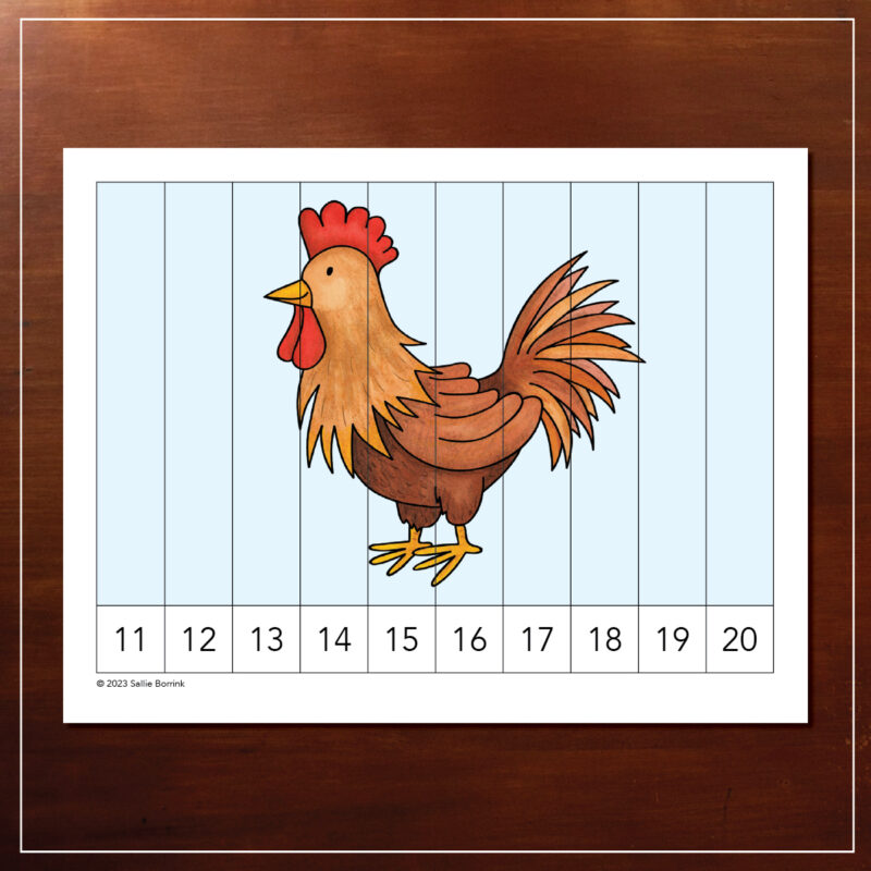 Rooster counting puzzle printable preview for preschool and kindergarten, focusing on numbers 11-20