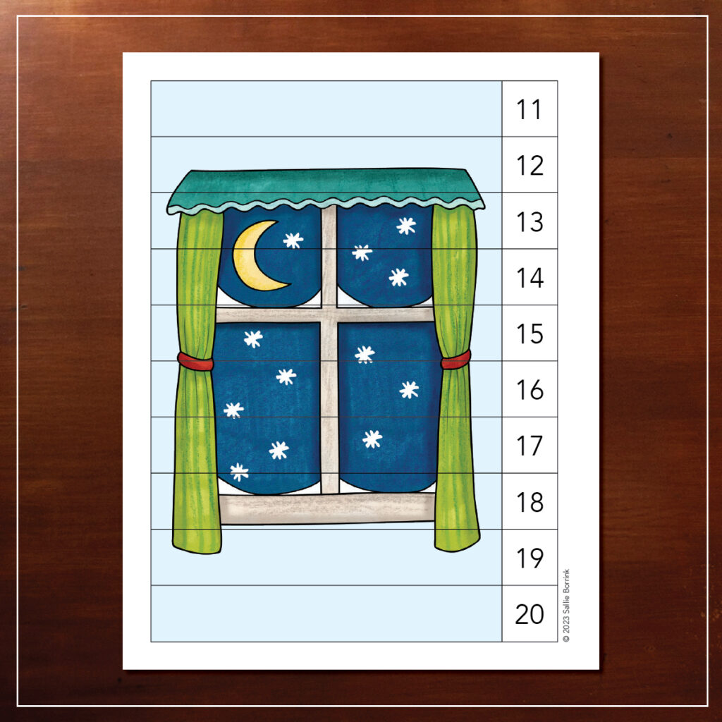 Snowy window counting puzzle printable preview for preschool and kindergarten, focusing on numbers 11-20