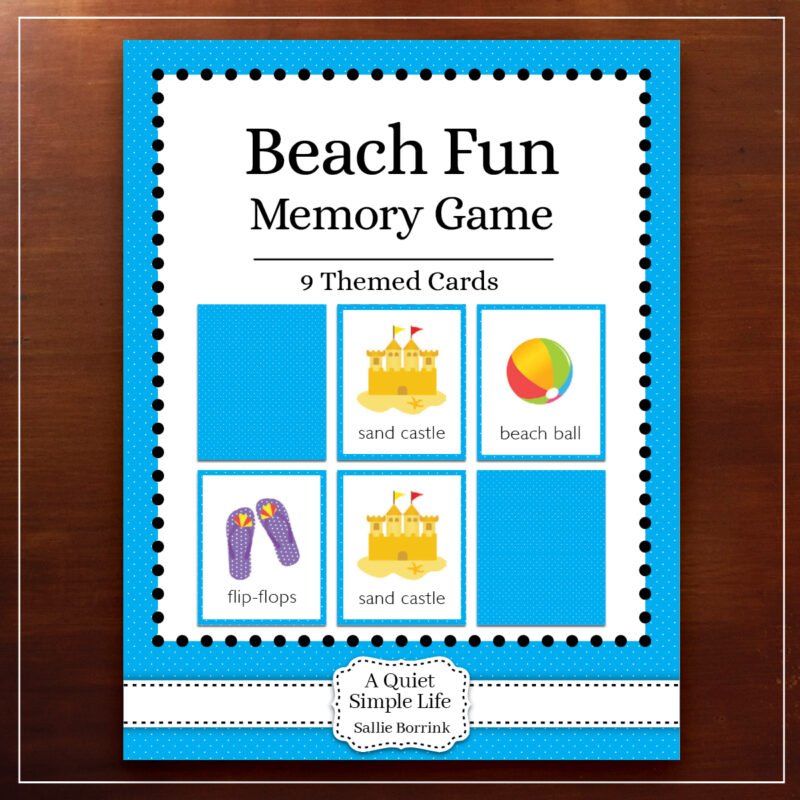 Beach Fun memory game printable for preschool and kindergarten