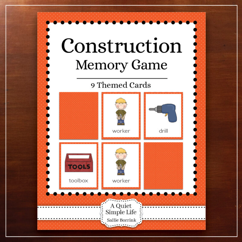 Construction memory game printable for preschool and kindergarten