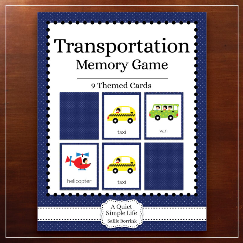 Transportation memory game printable for preschool and kindergarten