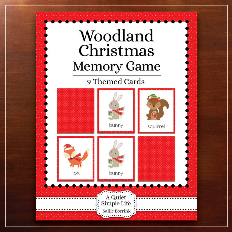 Woodland Christmas memory game printable for preschool and kindergarten