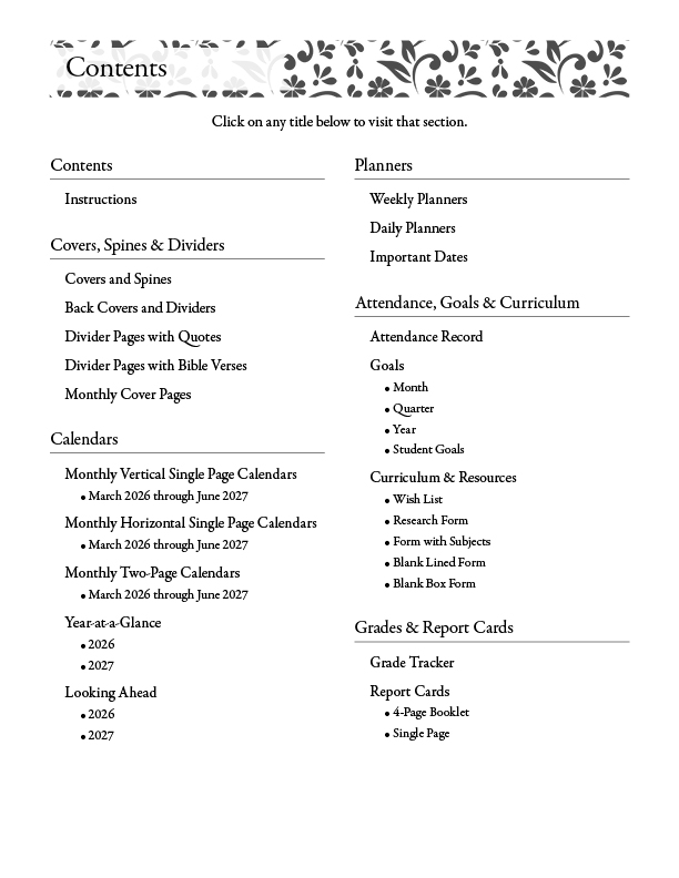 Editable Homeschool Planner 2026–2027 | Black & White Floral - Image 2