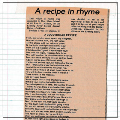 Newspaper clipping of recipe taped to lined school paper