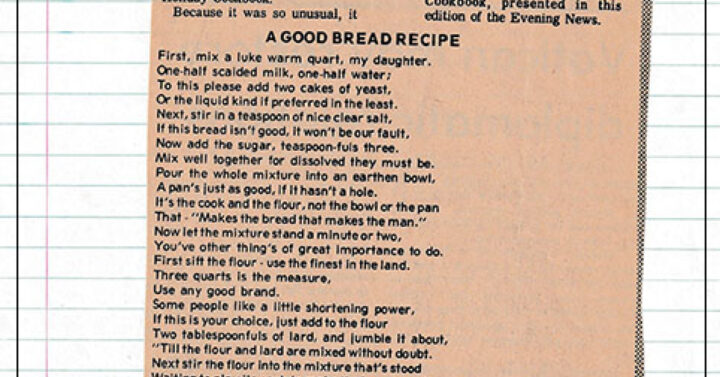 Newspaper clipping of recipe taped to lined school paper