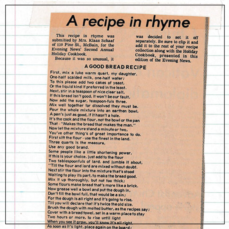 Newspaper clipping of recipe taped to lined school paper