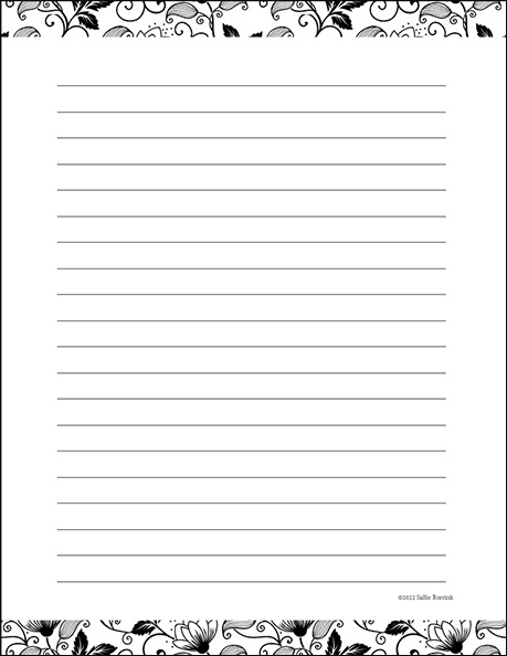 Black and white floral journal pages with scroll design