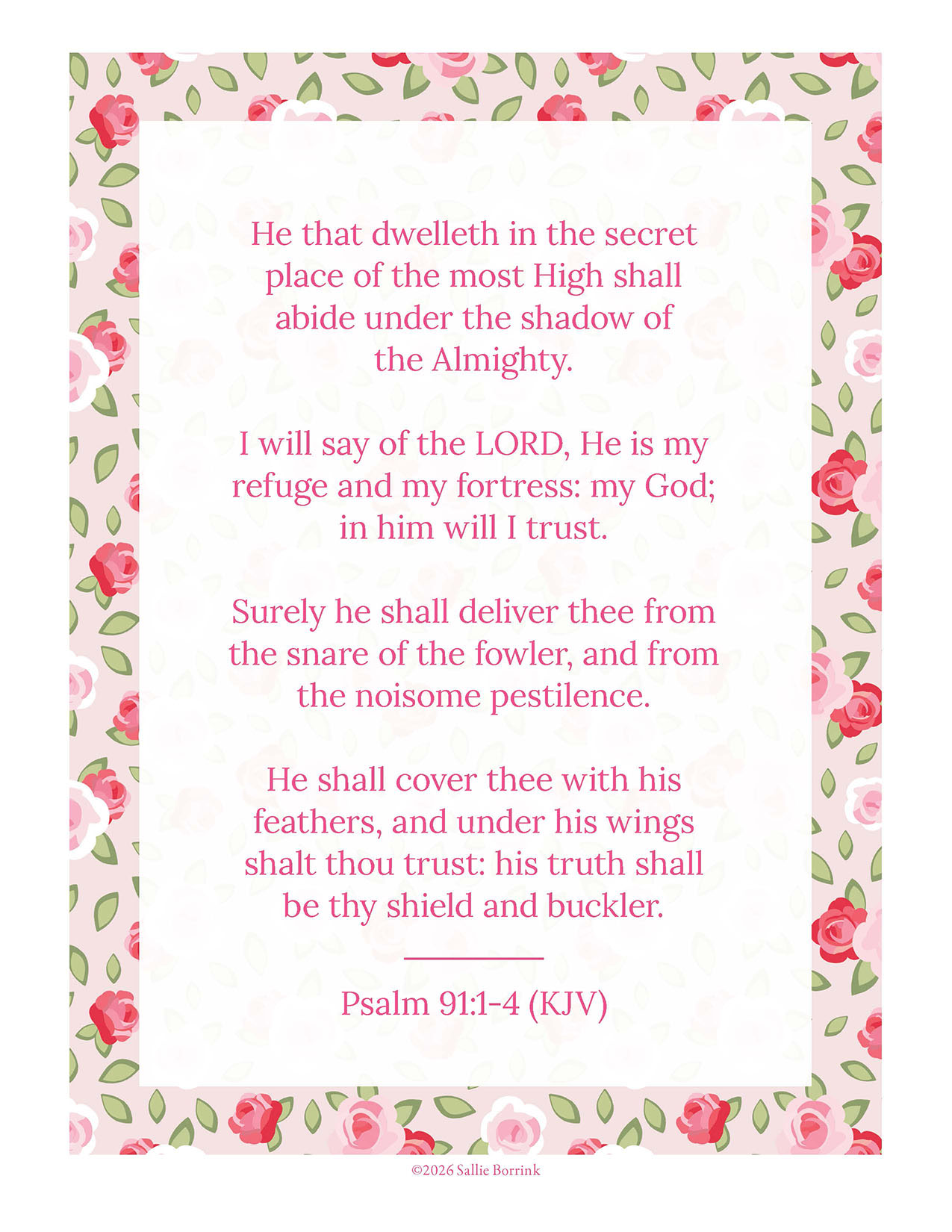 Psalm 91:1-4 KJV printable wall art in Cottage Rose and Sage design
