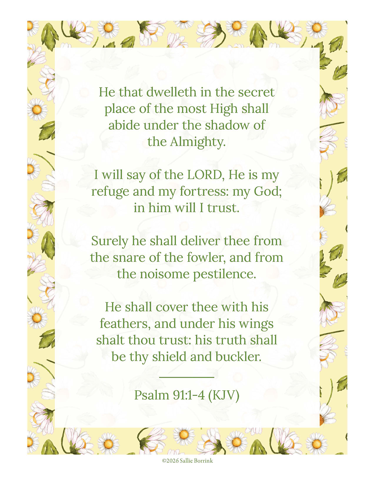 Psalm 91:1-4 KJV printable wall art in Daisies and Gingham design
