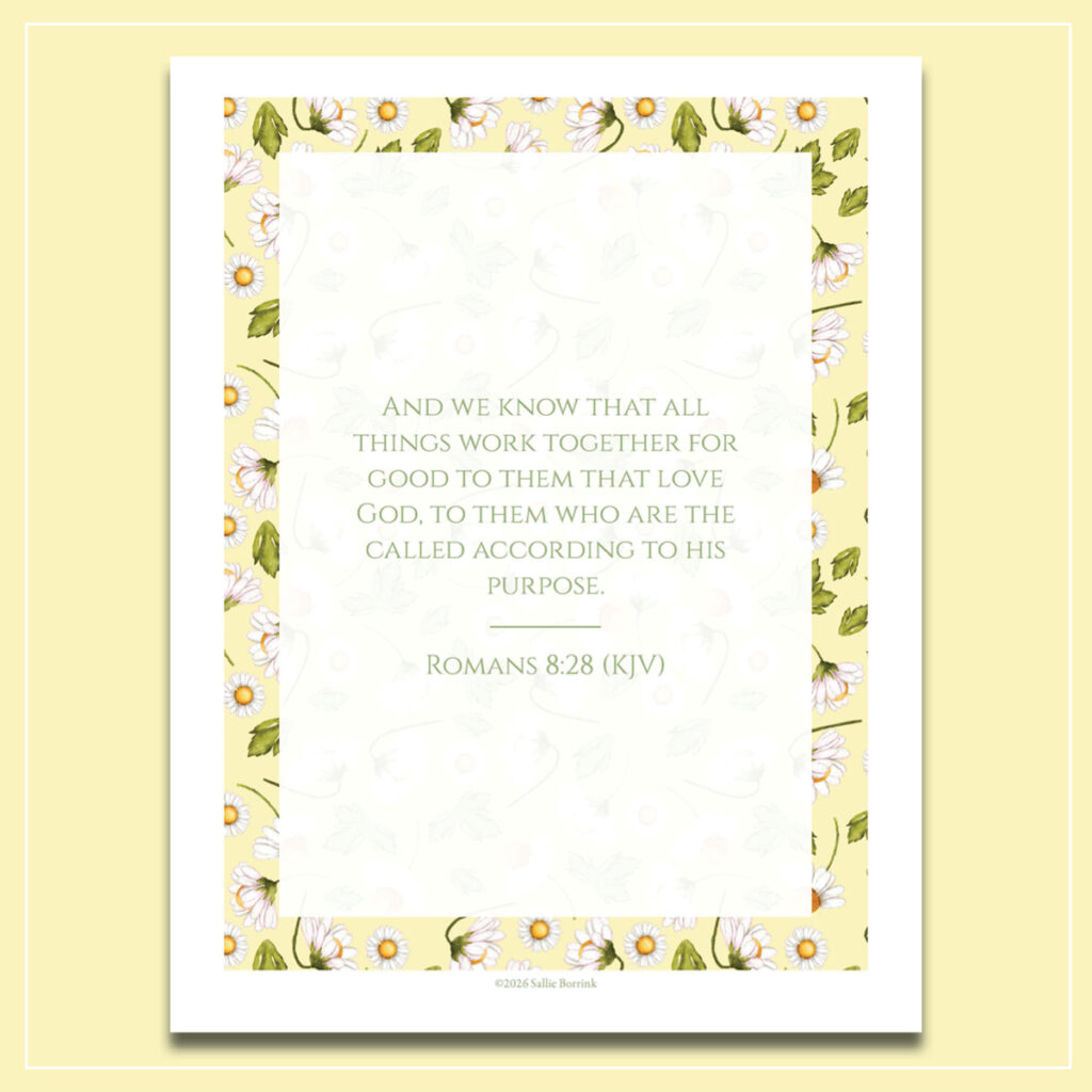 Romans 8:28 quote on white with yellow daisies border