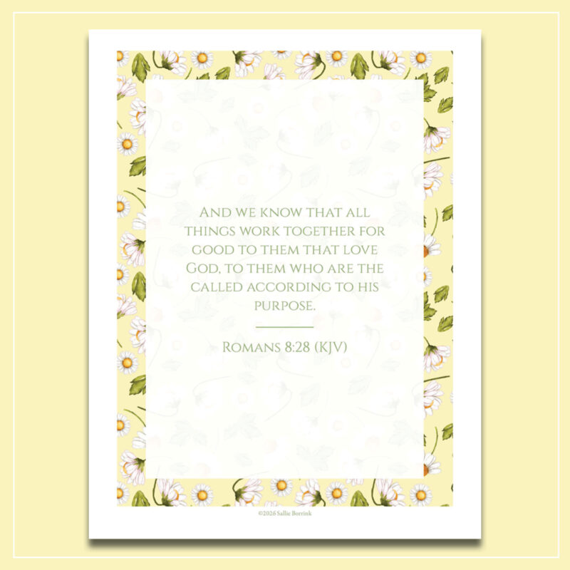 Romans 8:28 quote on white with yellow daisies border