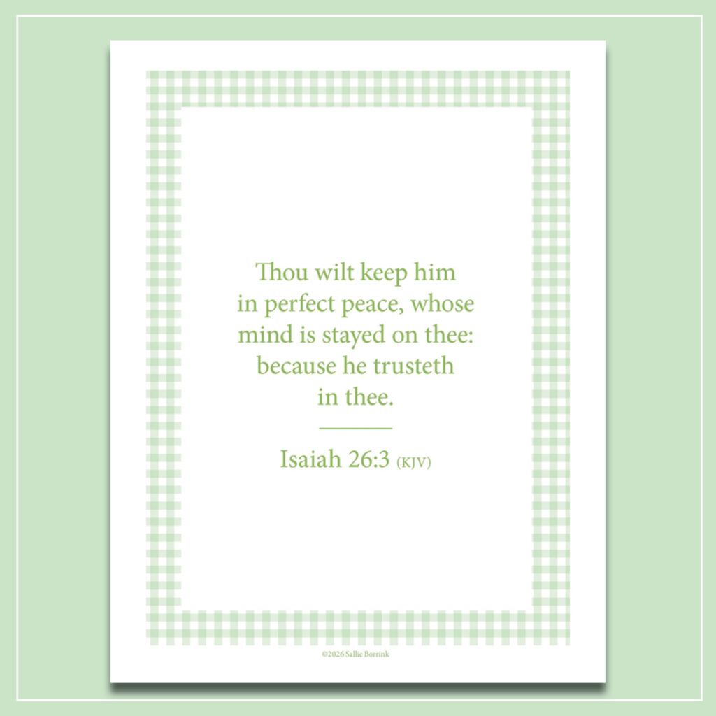 Isaiah 26:3 KJV printable wall art in blue and sage green gingham designs