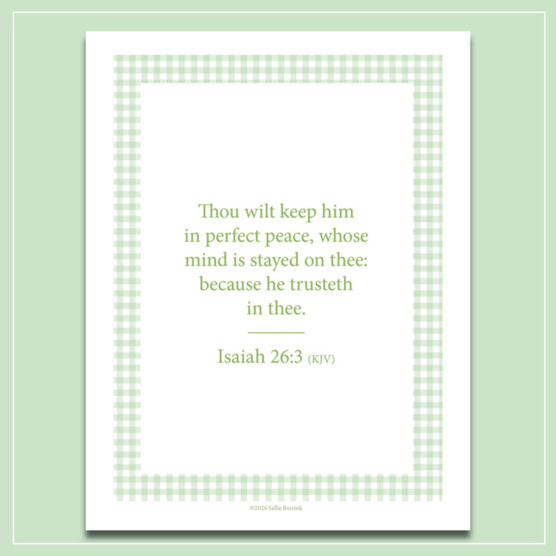 Isaiah 26:3 KJV printable wall art in blue and sage green gingham designs