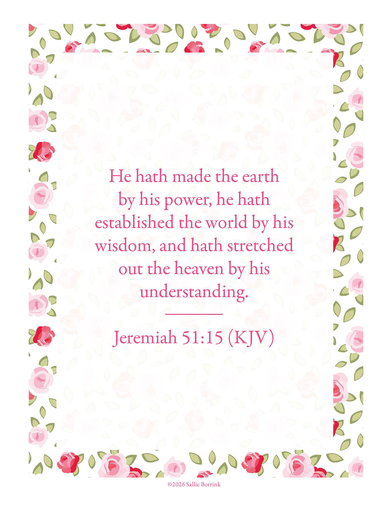 Jeremiah 51:15 KJV printable wall art in Cottage Rose and Sage design