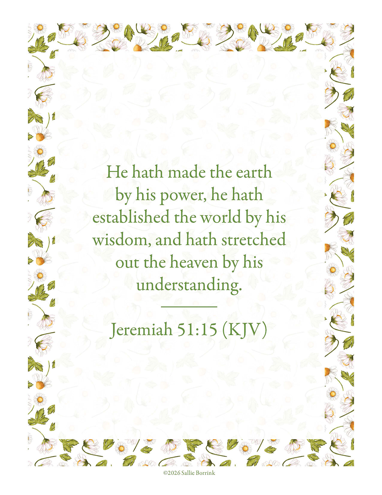 Jeremiah 51:15 KJV printable wall art in Daisies and Gingham design